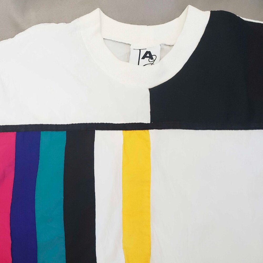 80s Teddi Sport Womens Crinkle Color Block Windbreaker Top Short Sleeve Shirt M - Picture 4 of 9